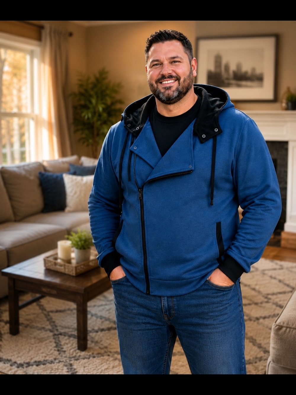 Big Man's Blue Hooded Asymmetric Zip Jacket New 6XL